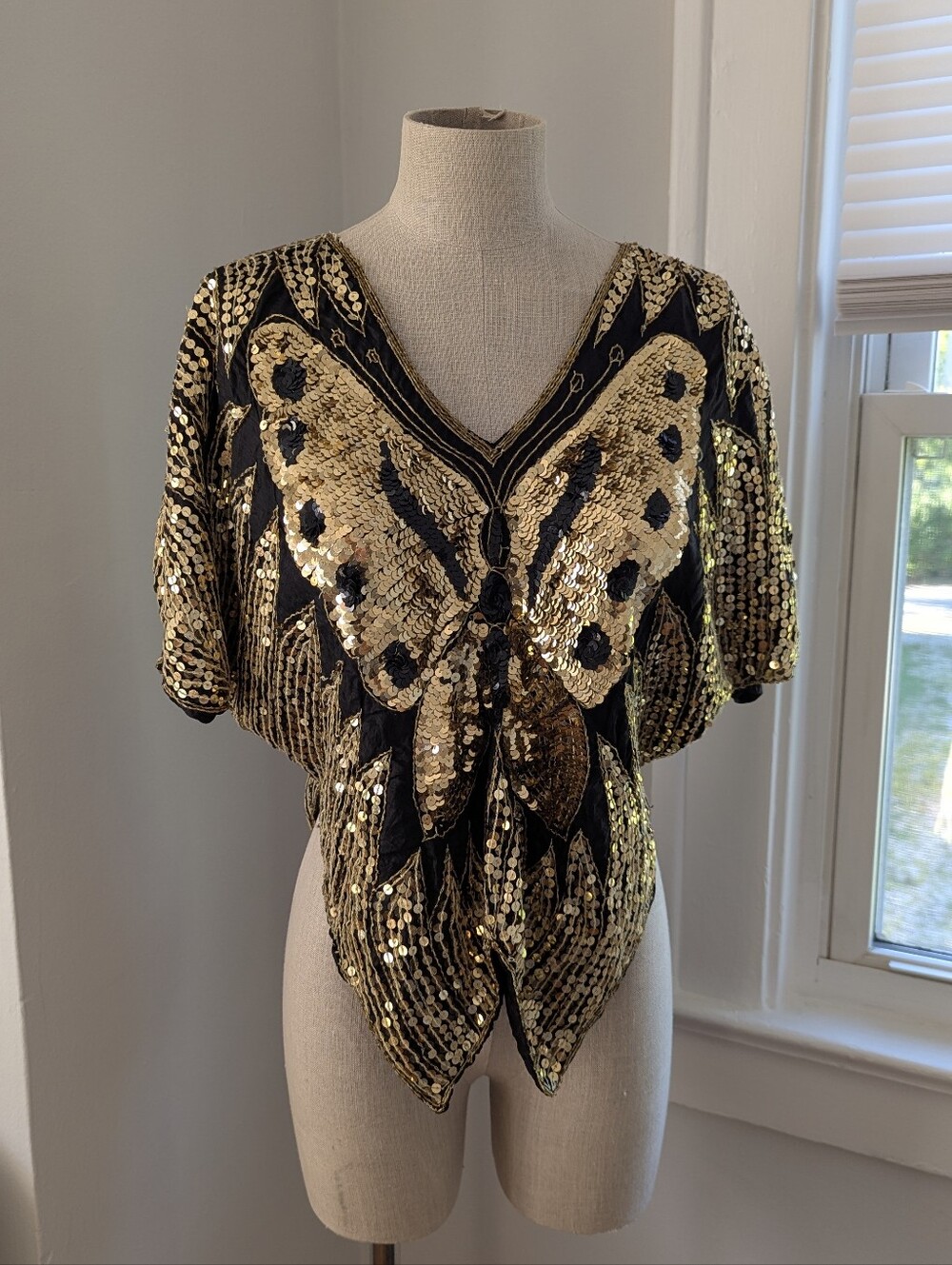 80s Vintage Gold and Black Sequin Butterfly Disco Top